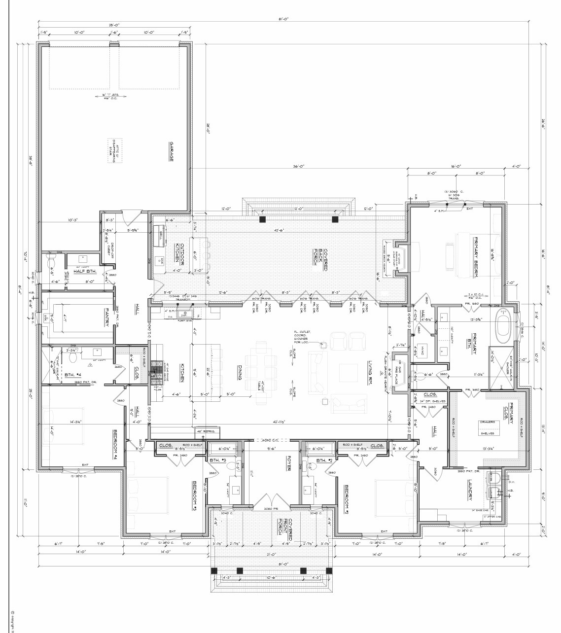 Floor plan for 154 Mount Pleasant Blvd. showing four bedrooms, an open grand room, and a covered back porch with outdoor kitchen